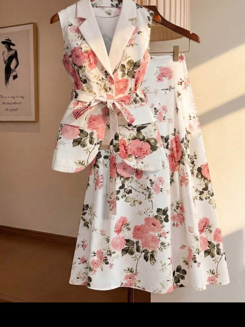 Floral Pink and White Midi Skirt - Feminine A-Line